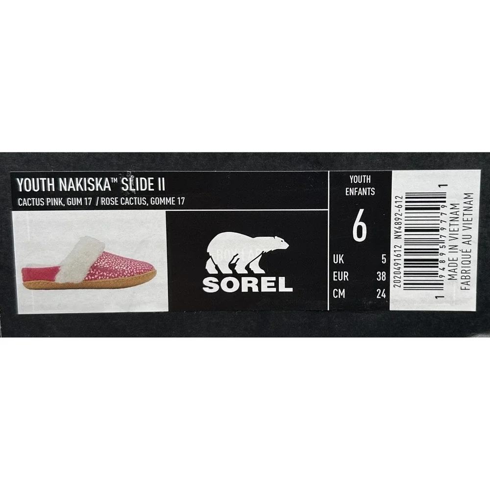 SOREL Nakiska Youth Girls Faux‎ Fur Slippers Size 6 Pink - Silver Animal Print
